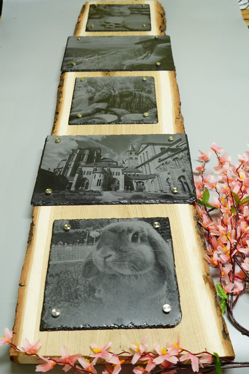 Individuelle Fotogravur auf Schieferplatte ca. 3 x 20*20 cm + 2 x 30x20 cm mit rustikaler Holzschwarte hochkant – Dein Foto als Kunstwerk - RJC - Circle