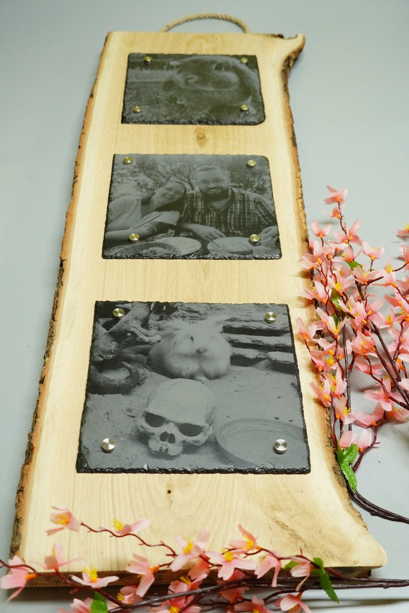 Individuelle Fotogravur auf Schieferplatte ca. 3 x 20*20 cm mit rustikaler Holzschwarte hochkant – Dein Foto als Kunstwerk - RJC - Circle