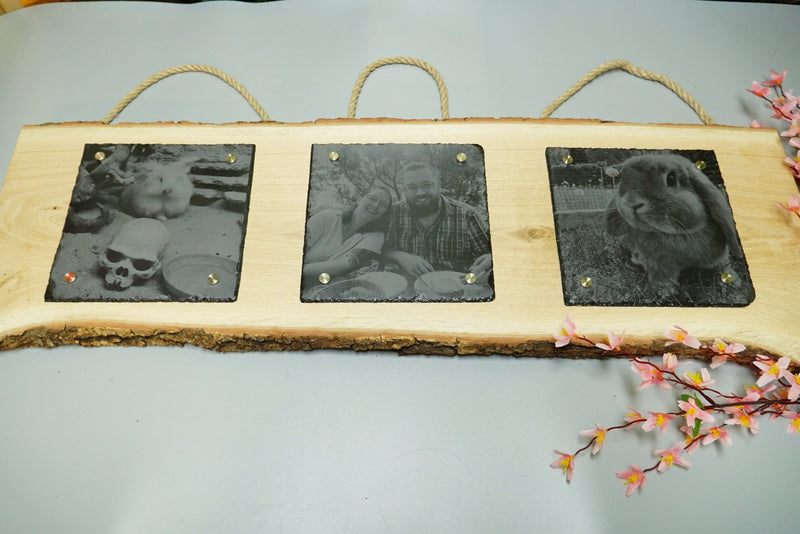 Individuelle Fotogravur auf Schieferplatte ca. 3 x 20*20 cm mit rustikaler Holzschwarte längst – Dein Foto als Kunstwerk - RJC - Circle