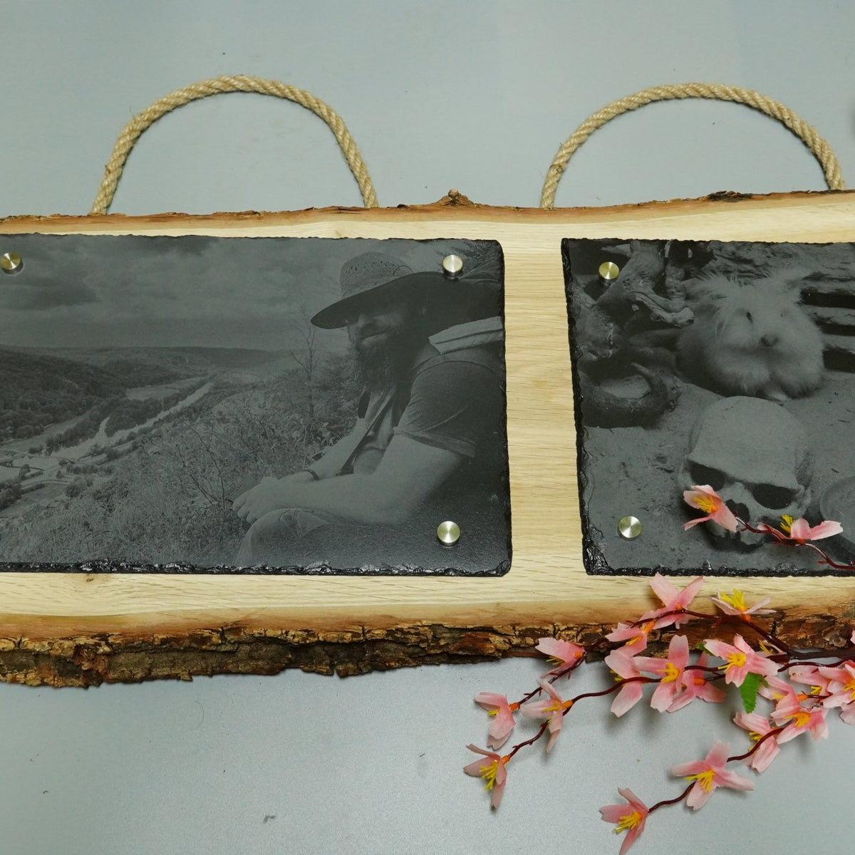 Individuelle Fotogravur auf Schieferplatte ca. 30*20 cm + 20*20 cm mit rustikaler Holzschwarte längst – Dein Foto als Kunstwerk - RJC - Circle