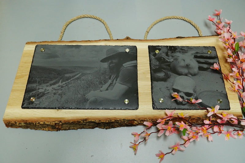 Individuelle Fotogravur auf Schieferplatte ca. 30*20 cm + 20*20 cm mit rustikaler Holzschwarte längst – Dein Foto als Kunstwerk - RJC - Circle