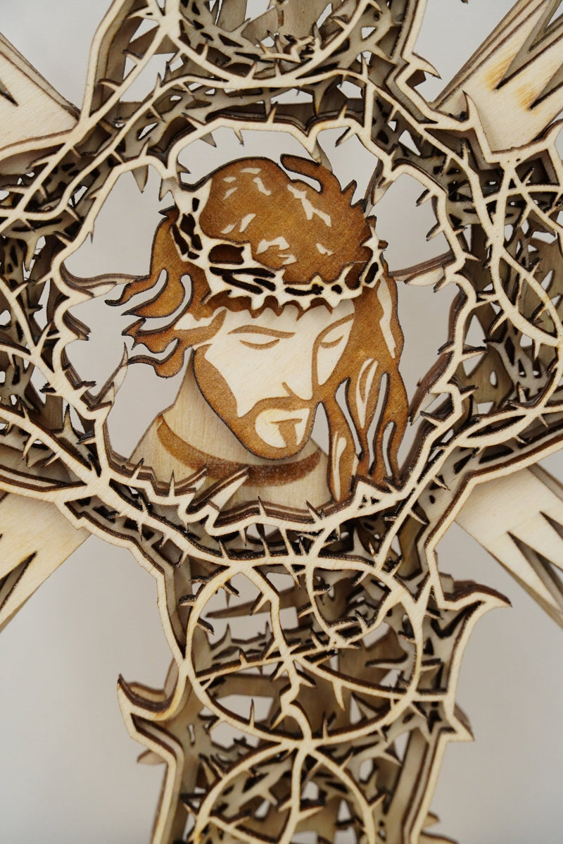 Kreuz Jesus mit Dornenoptik, mehrschichtig 3D Effekt - personalisierbar - RJC - Circle