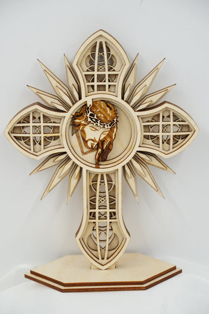 Kreuz Jesus mit Lichtstrahlspitzen, mehrschichtig 3D Effekt - personalisierbar - RJC - Circle
