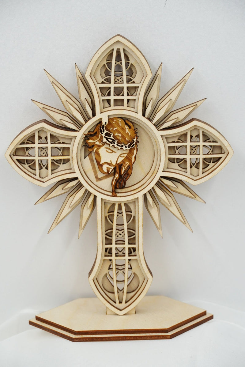 Kreuz Jesus mit Lichtstrahlspitzen, mehrschichtig 3D Effekt - personalisierbar - RJC - Circle