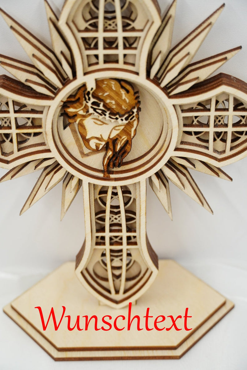 Kreuz Jesus mit Lichtstrahlspitzen, mehrschichtig 3D Effekt - personalisierbar - RJC - Circle