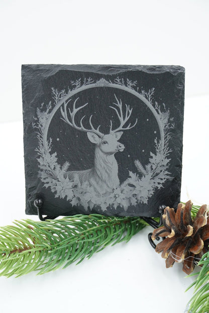 Schieferplatte "Hirsch mit Zweigornament" - RJC - Circle
