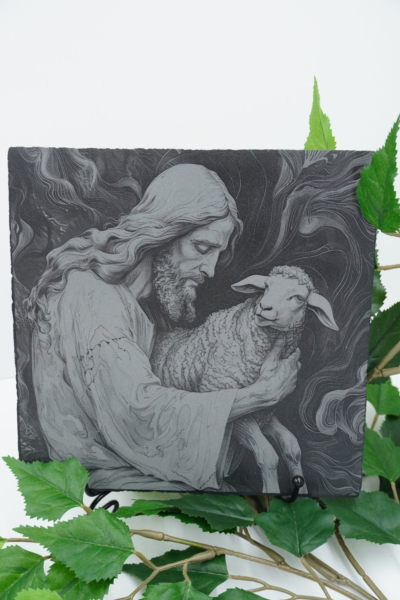 Schieferplatte Jesus mit Lamm auf Arm - personalisierbar - RJC - Circle