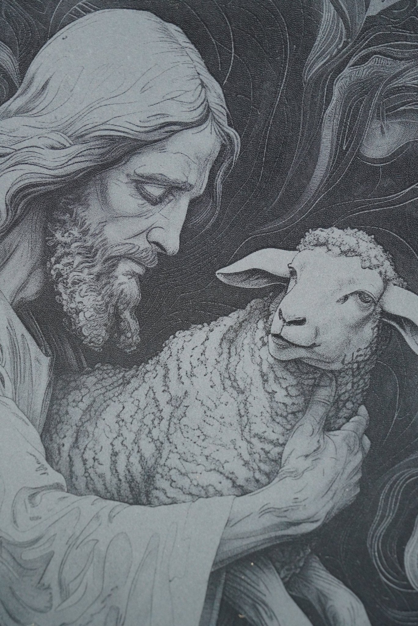 Schieferplatte Jesus mit Lamm auf Arm - personalisierbar - RJC - Circle