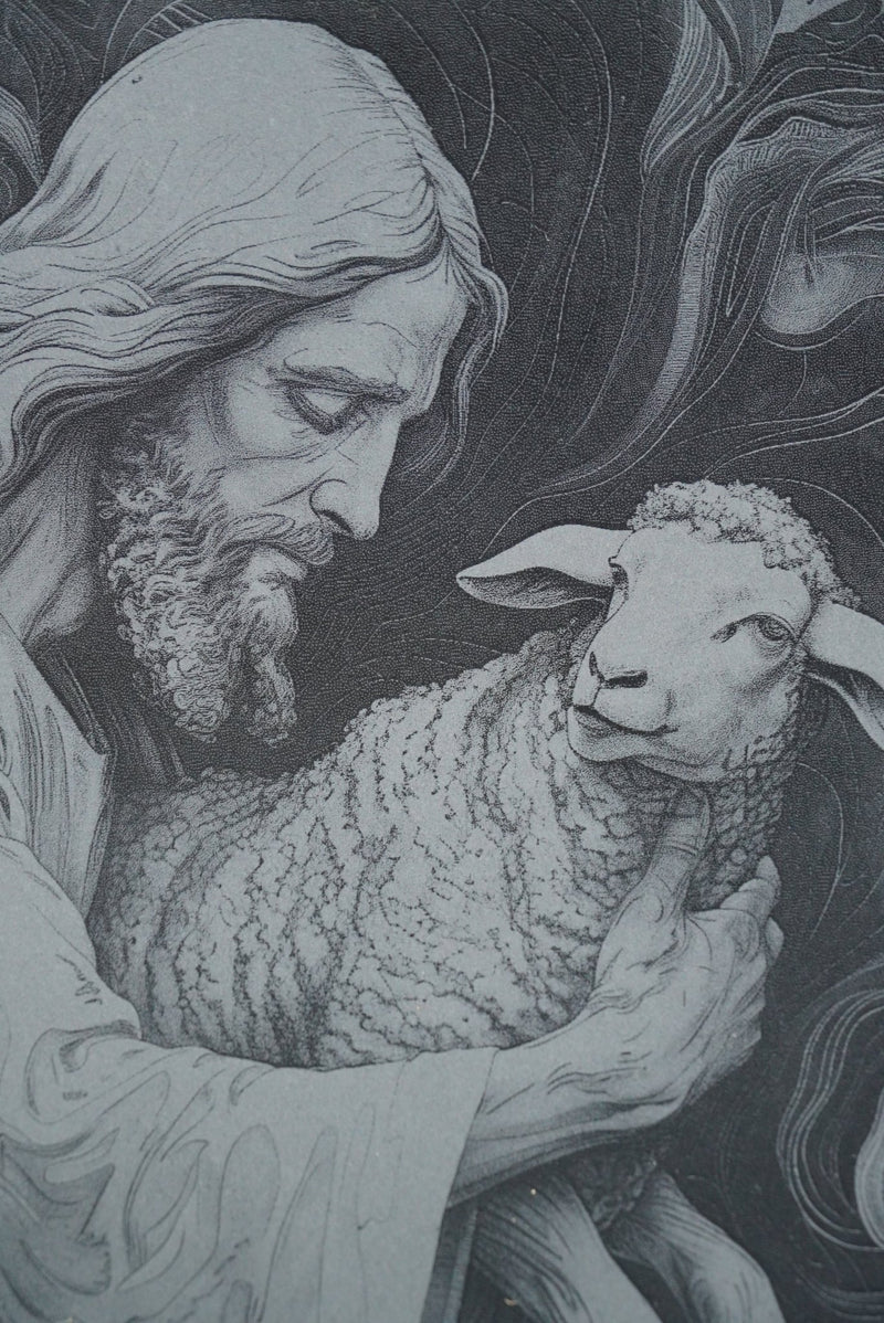 Schieferplatte Jesus mit Lamm auf Arm - personalisierbar - RJC - Circle
