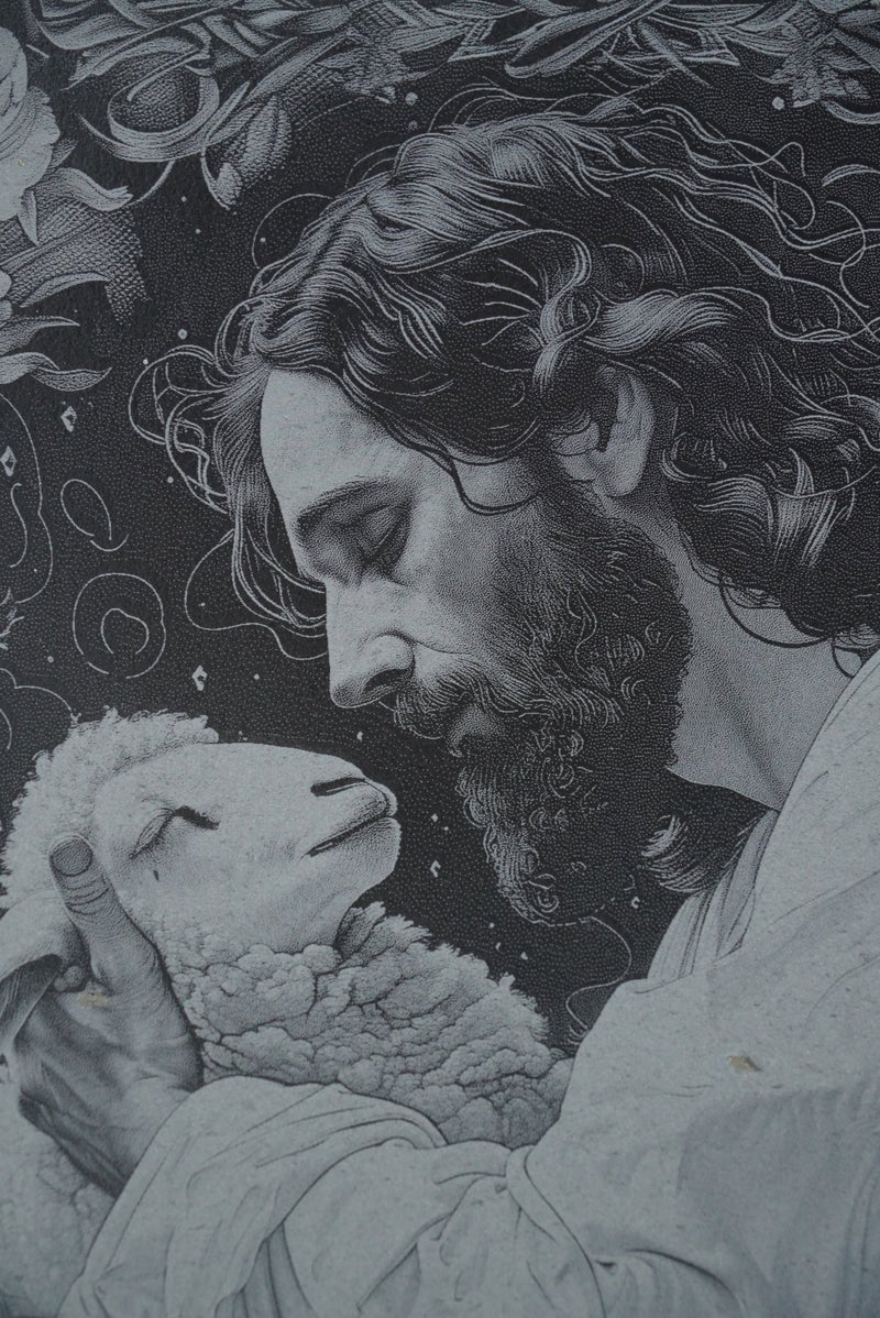 Schieferplatte Jesus mit Lamm Blumenornament - personalisierbar - RJC - Circle