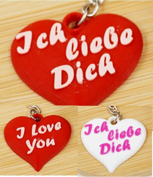 3D-gedruckter Herz-Schlüsselanhänger mit Aufdruck Ich liebe Dich / I Love You, handgefertigt in Niederbayern