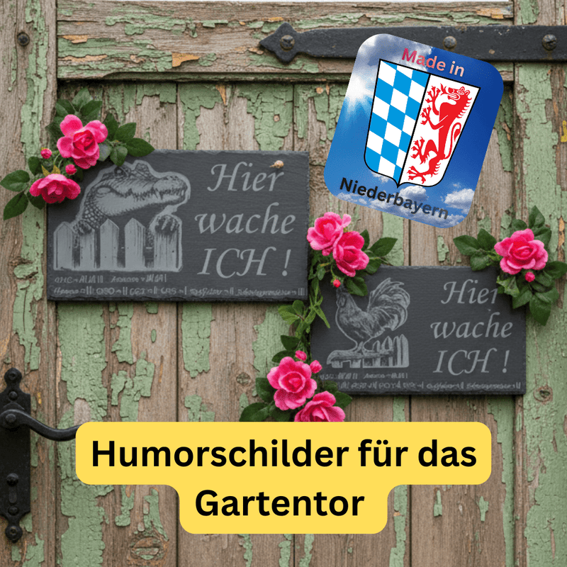 Türschild „Hier wache ich“ aus Schiefer – lasergraviert, humorvoll, langlebig, Made in Niederbayern. Dekoratives Schild für Haustierfreunde.