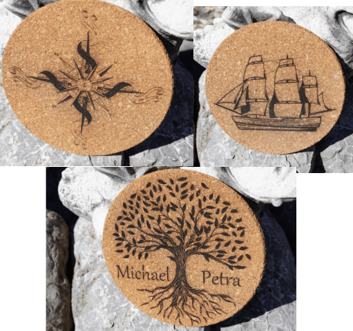 Runder Kork Untersetzer mit individueller Lasergravur, handgraviert in Niederbayern